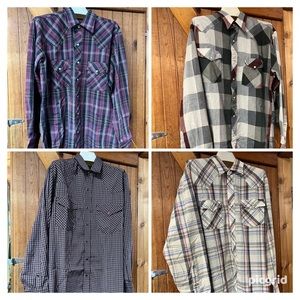 Lot of 4 mens Vintage Western Wear Snap front long sleeve shirts w/bonus ring